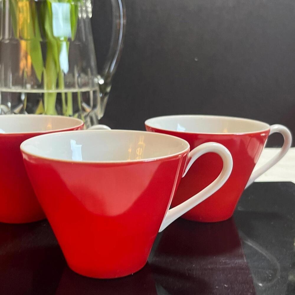 Harmony‎ House (4) Cherry Red Coffee Cups MCM red with white rim